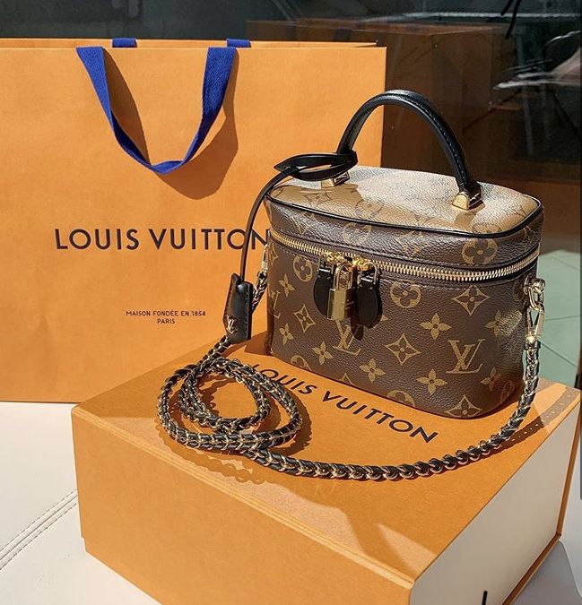 Louis Vuitton Reverse Monogram Vanity Chain Pouch Beige Brown with Box Packaging