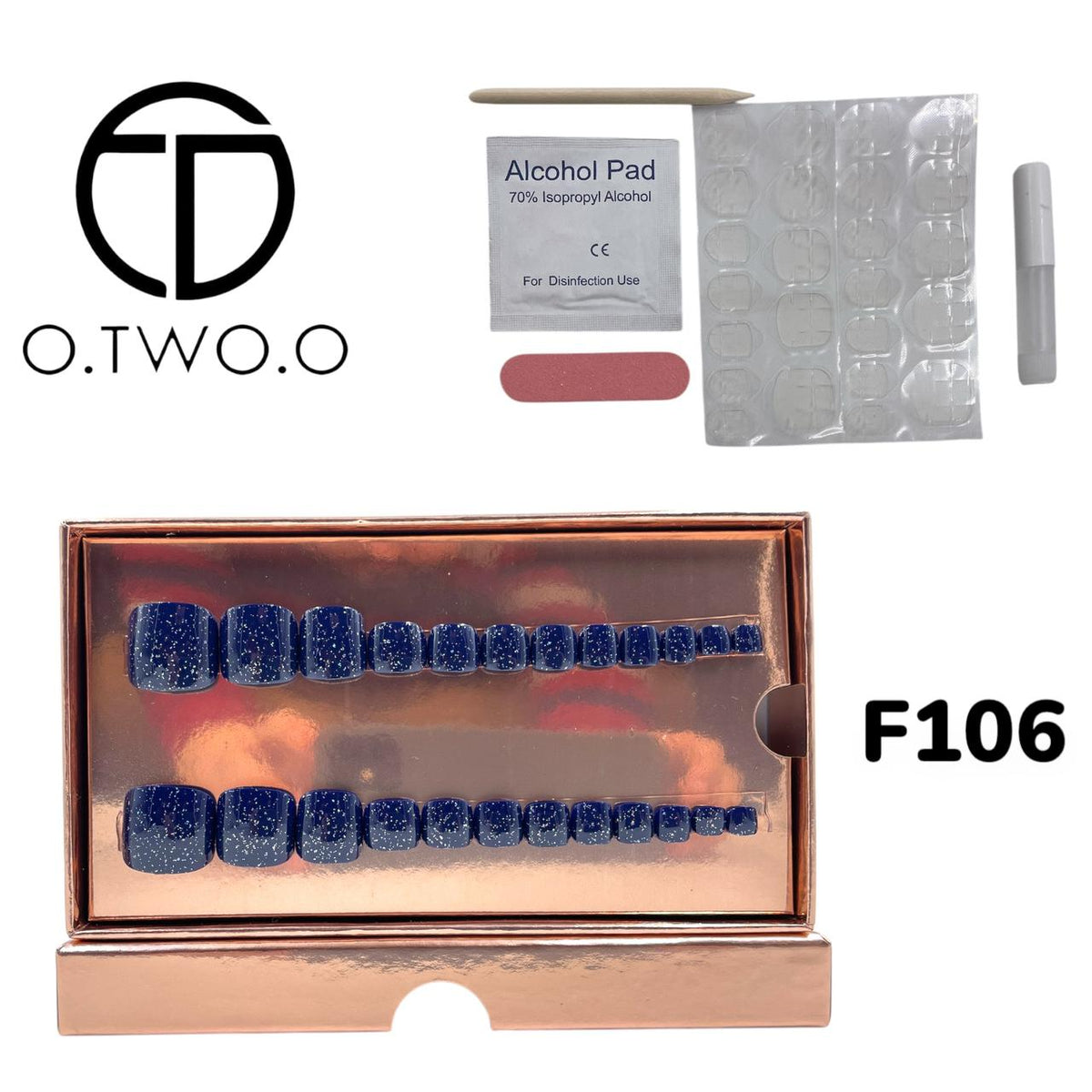 O.Two.O 24 Pcs Nails Box with Nail Glue & Adhesive Tabs,Alcohol Prep Pad,Mini Nail File,Cuticle Stick