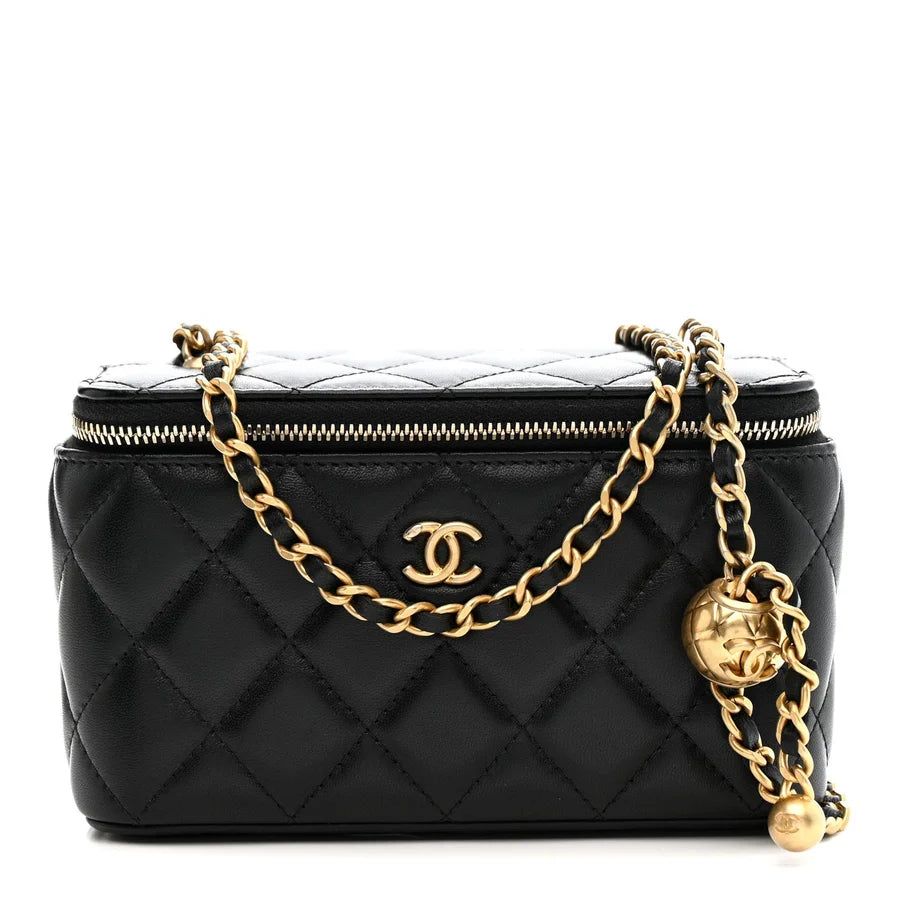 Chanel Lambskin Quilted Pearl Crush Small Vanity Case With Chain Black ( Box Packaging )