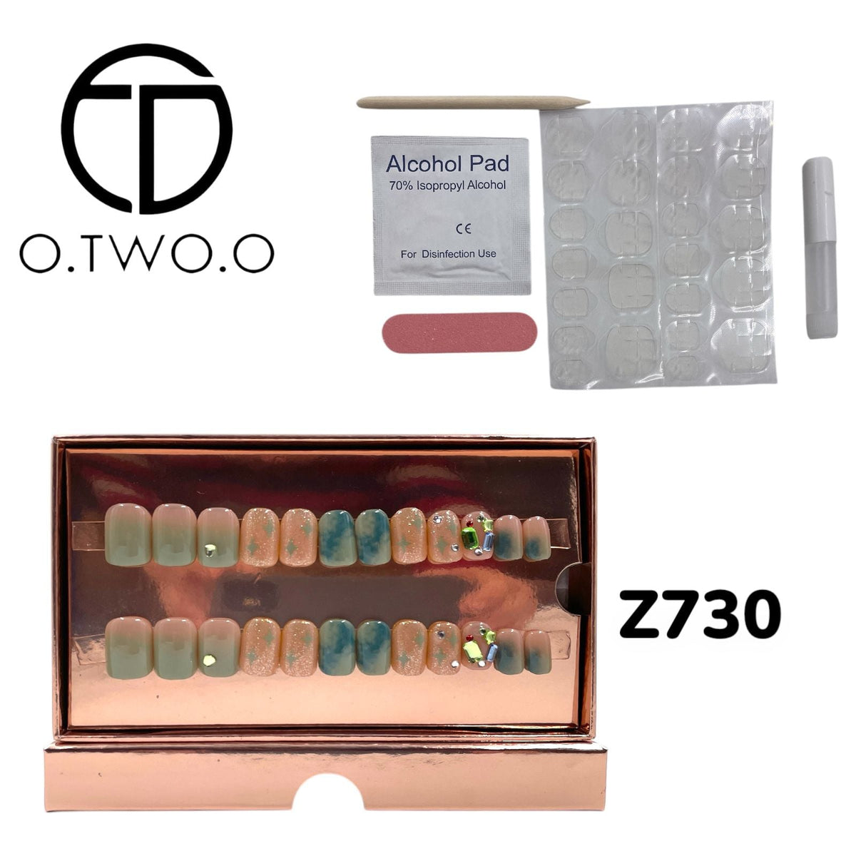 O.Two.O 24 Pcs Nails Box with Nail Glue & Adhesive Tabs,Alcohol Prep Pad,Mini Nail File,Cuticle Stick